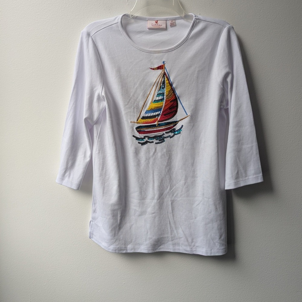 Quacker Factory Top White Sailboat Embroidered Sequin Sz XS Nautical Coastal